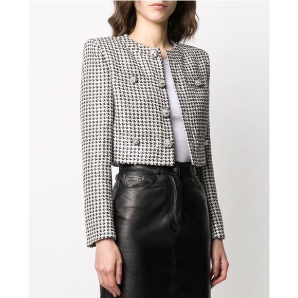 Alessandra Rich Cropped Embellished Sequin Houndstooth Jacket Black & White - Picture 1 of 17